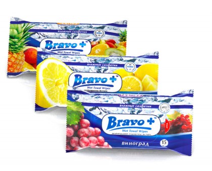 Влажные салфетки BRAVO ассорти, 15шт.